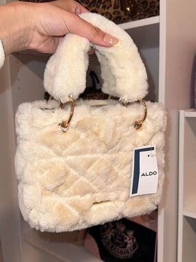 Aldo Cream Quilted Faux Fur Tote with Gold Rings